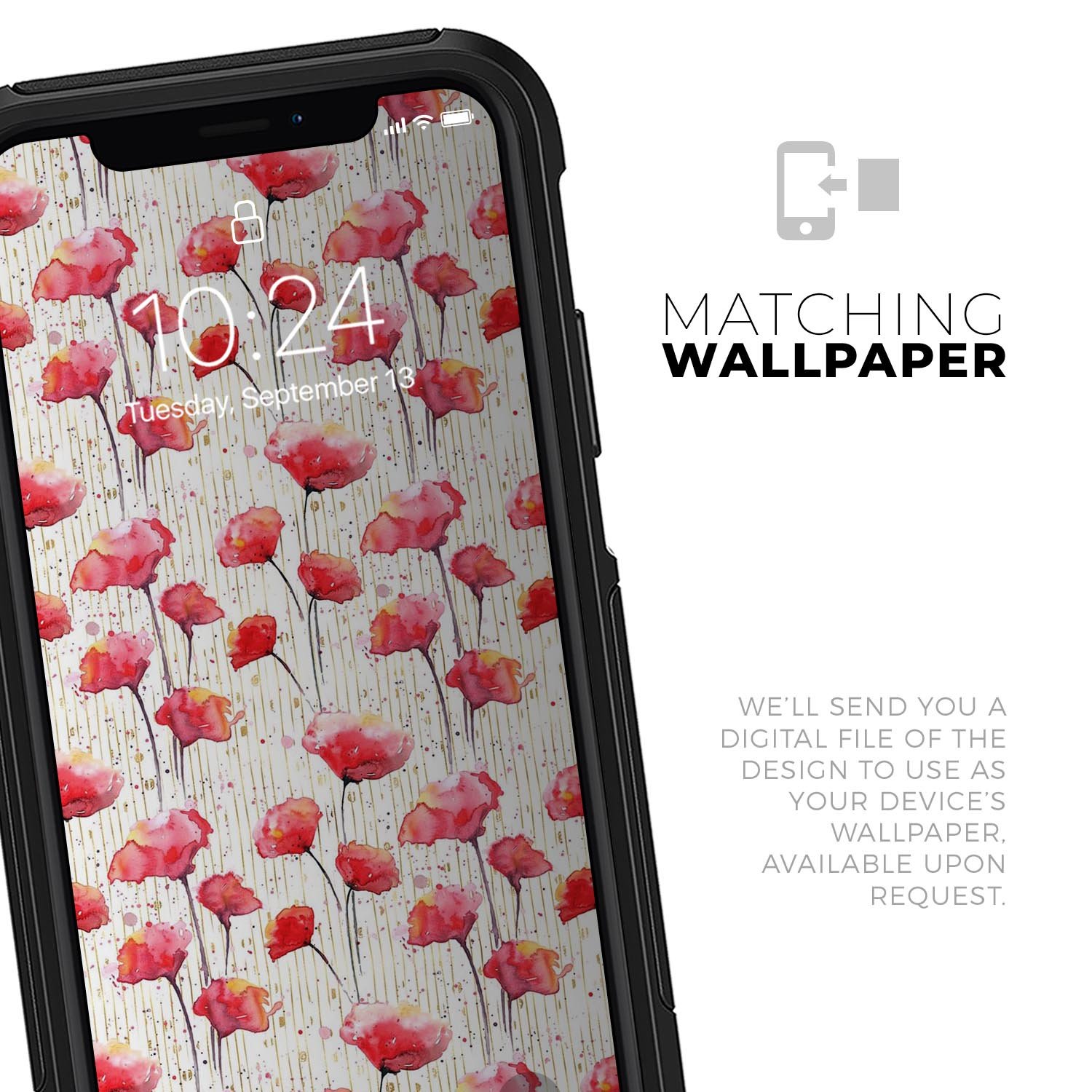 Karamfila Watercolo Poppies V14 Skin Kit for iPhone, featuring vibrant poppy design and premium 3M materials.